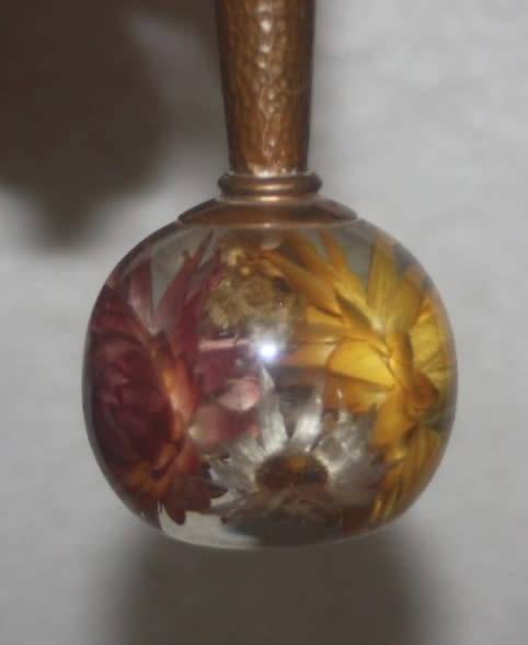 VINTAGE VASE COPPER STEM PERSPEX BULB BOTTOM ENCASING WILD FLOWERS VERY UNUSUAL