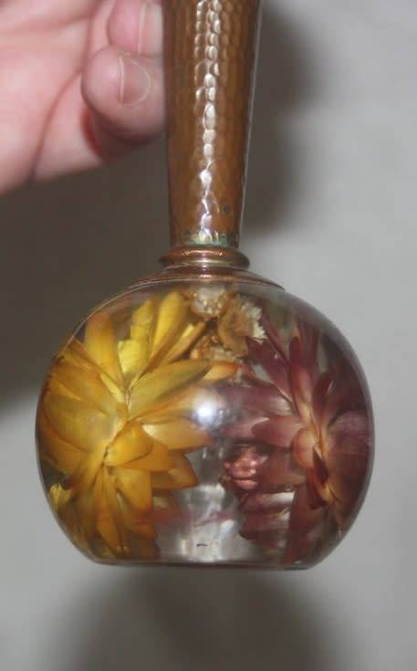 VINTAGE VASE COPPER STEM PERSPEX BULB BOTTOM ENCASING WILD FLOWERS VERY UNUSUAL
