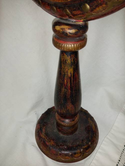 Upright wooden shaving mirror with metalwork decorative detail