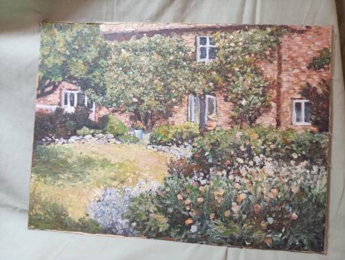 Climbing rose cottage garden scene painting on board unframed