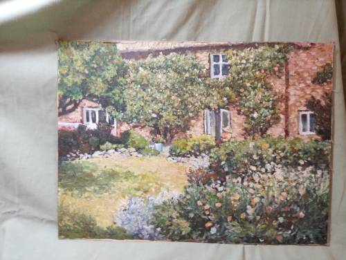 Climbing rose cottage garden scene painting on board unframed