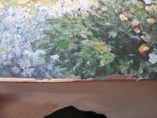 Climbing rose cottage garden scene painting on board unframed