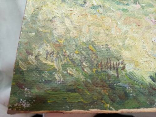 Climbing rose cottage garden scene painting on board unframed