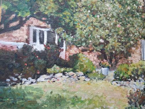 Climbing rose cottage garden scene painting on board unframed