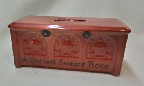 Novelty porcelain money box. Ye ancient sweare boxe