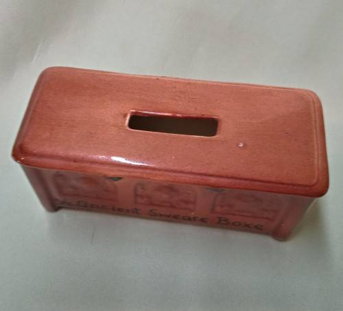 Novelty porcelain money box. Ye ancient sweare boxe
