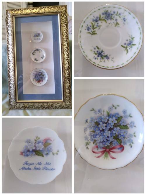 Beautifully framed trio of forget-me-not porcelain pin plates