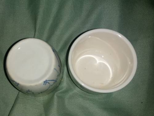 Pair of blue and white straw pattern Polish egg cups attributed toJaworzyna Slaska (Konigszelt)