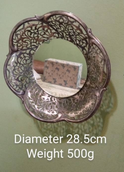 Repurposed vintage. Decorative mirror from epns frett work bowl.