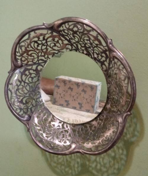 Repurposed vintage. Decorative mirror from epns frett work bowl.