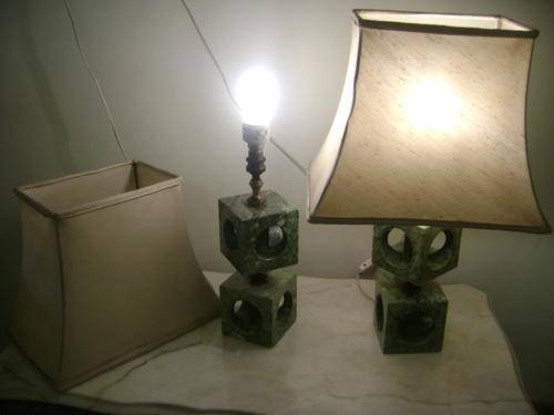 VINTAGE PAIR OF MARBLE AND BRASS DESK/TABLE LAMPS WITH ORIGINAL LAMPSHADES
