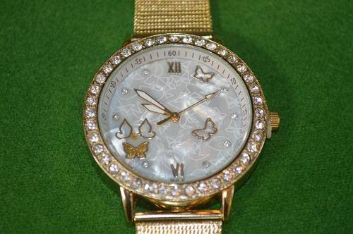 LADIES GOLD, PEARL, RHINESTONE AND BUTTERFLY WATCH