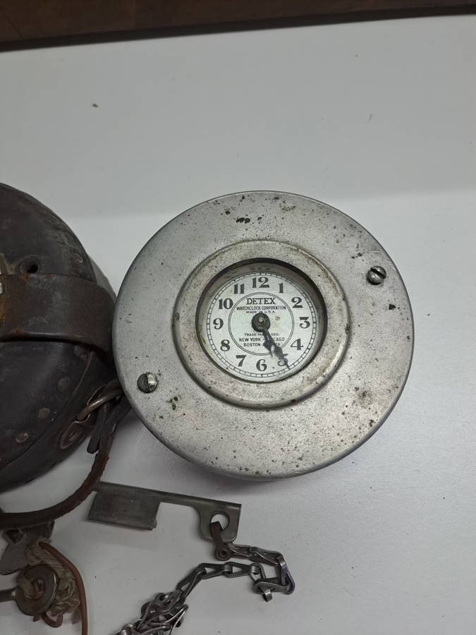 Detex Newman night watchmans clock with leather case and keys, ticking