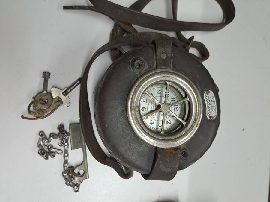 Detex Newman night watchmans clock with leather case and keys, ticking