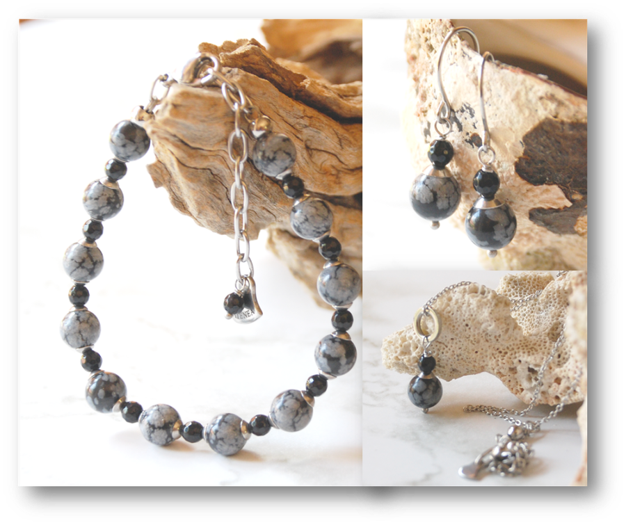 Natural Snowflake Obsidian semi precious gemstoneearrings on stainless steel