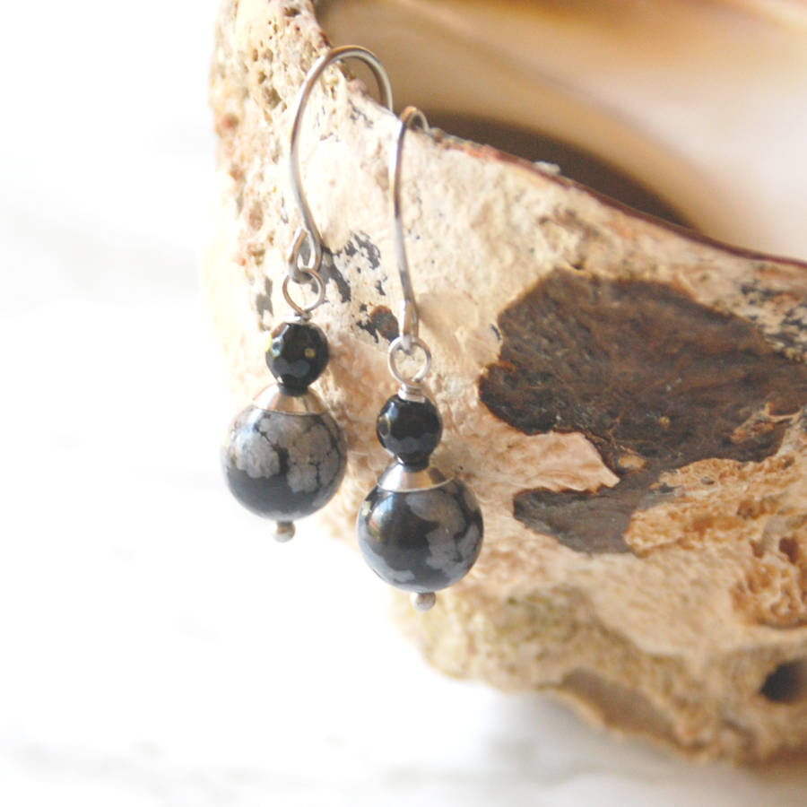 Natural Snowflake Obsidian semi precious gemstoneearrings on stainless steel