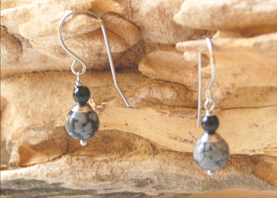 Natural Snowflake Obsidian semi precious gemstoneearrings on stainless steel