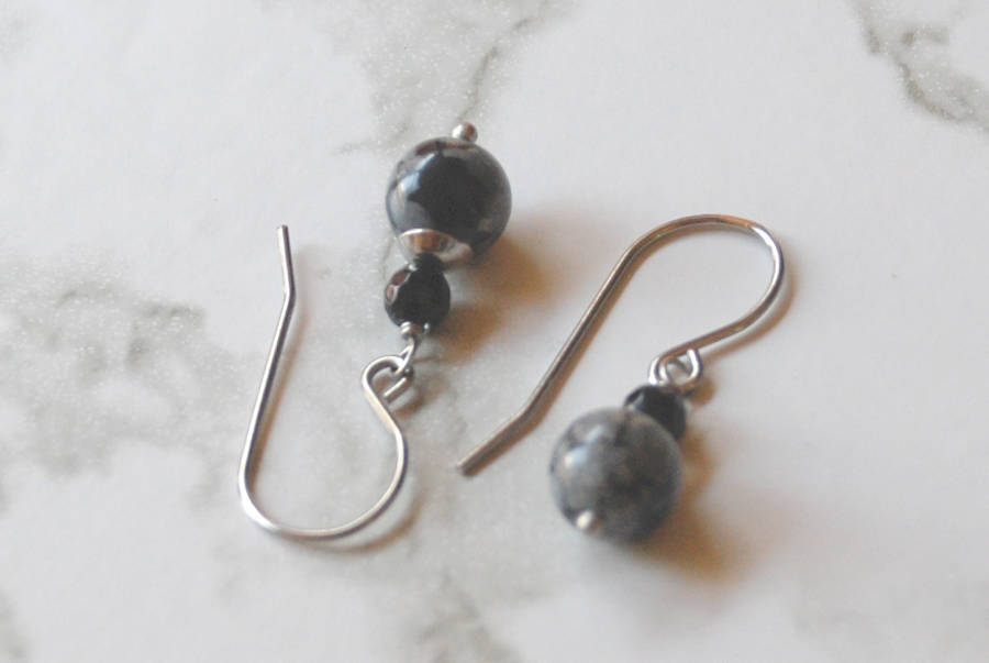Natural Snowflake Obsidian semi precious gemstoneearrings on stainless steel