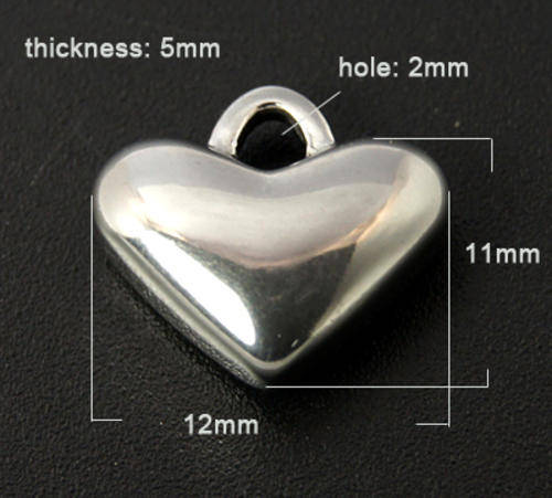 Stainless steel heart pendant, 12x11x5mm
