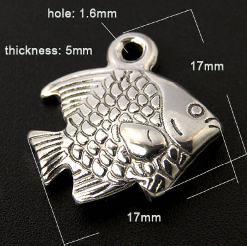 Stainless Steel Pendants, Fish, Platinum Color, 17x17x5mm, Hole: 1.6mm