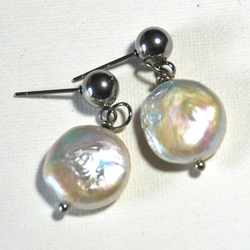 Freshwater coin pearl earrings with stainless steel studs
