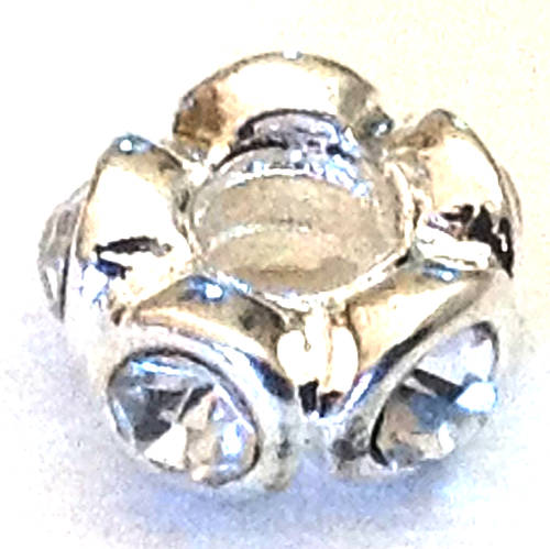 Alloy European Beads, Donut, 5 pcs rhinestone, clear, Stopper screw bead for euro bracelet,10x8mm