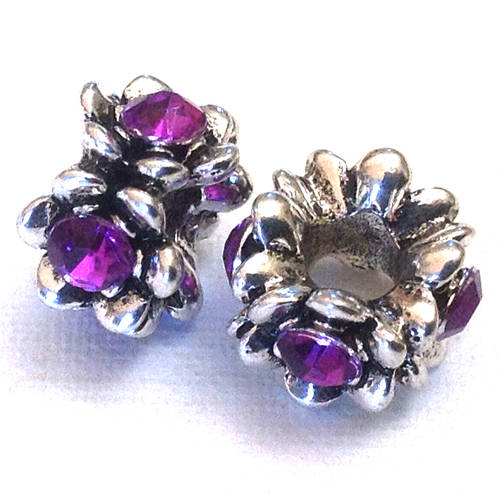 Alloy European Beads, Rondellel, antique silver color, with rhinestone, 13x9mm, Hole:5mm