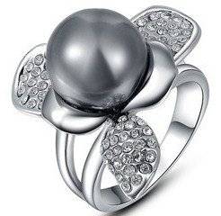 18K RGP white gold ladies flower ring with faux pearl and AAA genuine Austrian crystals