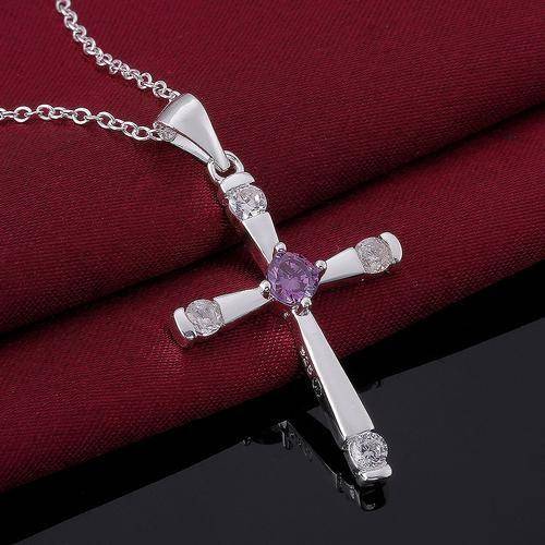 New 925 Sterling silver filled Ladies cross pendant with Purple center and Genuine Austrian Crystals