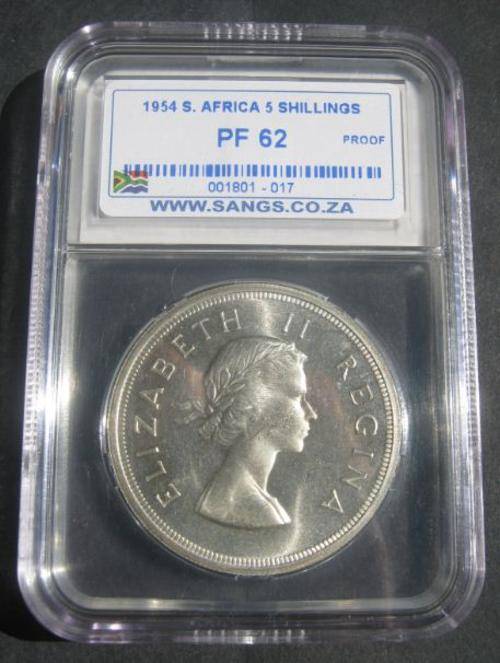 *** 1954 - UNION OF SA 5 SHILLING - PROOF - SANGS GRADED PF 62 ***