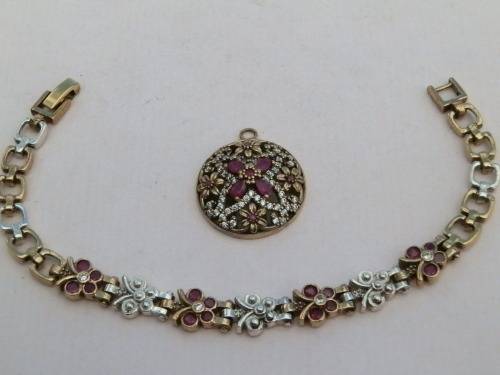 Sterling silver ruby bracelet and pendant combo, 25.2 g.