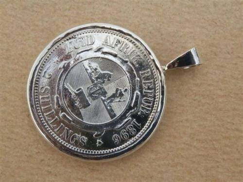 Antique 1896  Kruger 2 shilling coin sterling silver pendant on rope chain - weight 19.15 g.