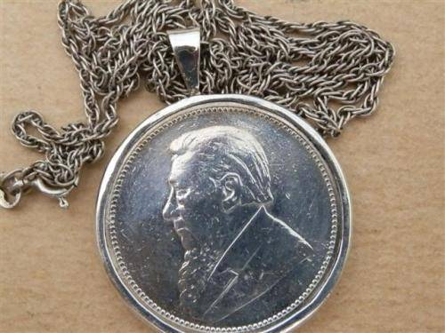 Antique 1896  Kruger 2 shilling coin sterling silver pendant on rope chain - weight 19.15 g.