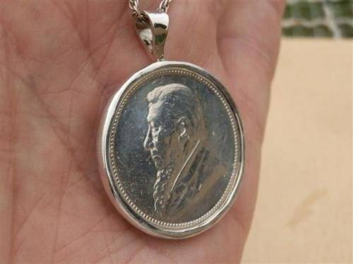 Antique 1896  Kruger 2 shilling coin sterling silver pendant on rope chain - weight 19.15 g.