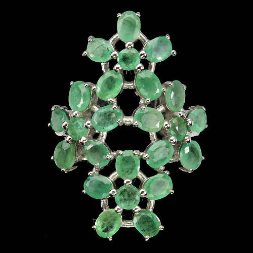 Spectacular solid sterling silver 14 ct white gold finish ring with 24 natural emeralds.