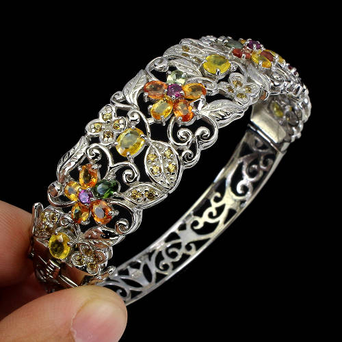Natural 8 ct Sapphire Solid Sterling Silver Bangle with 14 ct White Gold, no Tarnish, weight 23.58 g