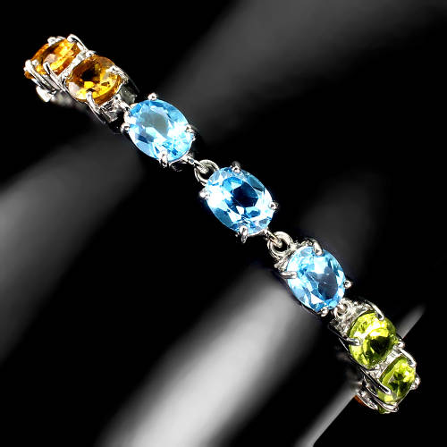 Natural 23.25 ct Peridot, Citrine and Topaz Bracelet, Solid 925 Silver 14 ct White Gold, 14.22 g