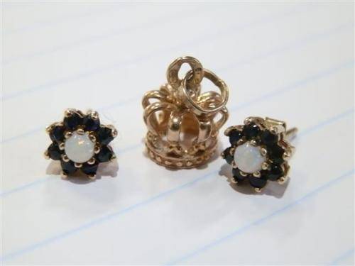 Solid 9 ct Gold Opal & Blue Sapphire Earrings and Crown Charm