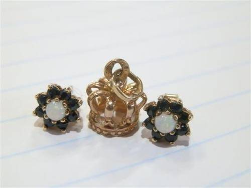 Solid 9 ct Gold Opal & Blue Sapphire Earrings and Crown Charm