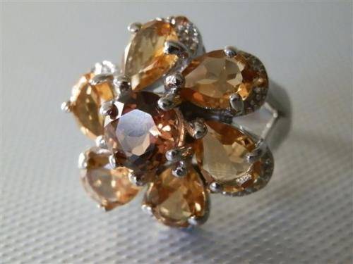 Solid Sterling Silver Citrine and Yellow Sapphire Cluster Ring - weight 12.7 g