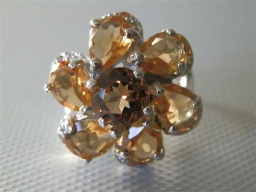 Solid Sterling Silver Citrine and Yellow Sapphire Cluster Ring - weight 12.7 g