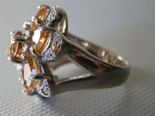 Solid Sterling Silver Citrine and Yellow Sapphire Cluster Ring - weight 12.7 g