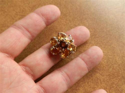 Solid Sterling Silver Citrine and Yellow Sapphire Cluster Ring - weight 12.7 g