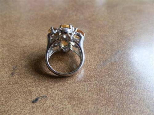 Solid Sterling Silver Citrine and Yellow Sapphire Cluster Ring - weight 12.7 g