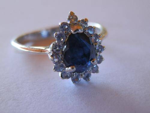 Sterling silver blue sapphire and white topaz cluster ring - shipping R35 insured