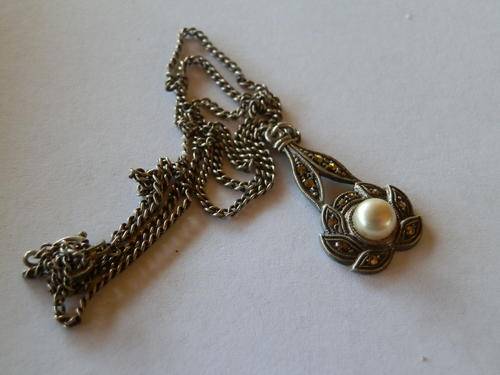 Antique sterling pearl and marcasite pendant and chain - shipping R45 insured