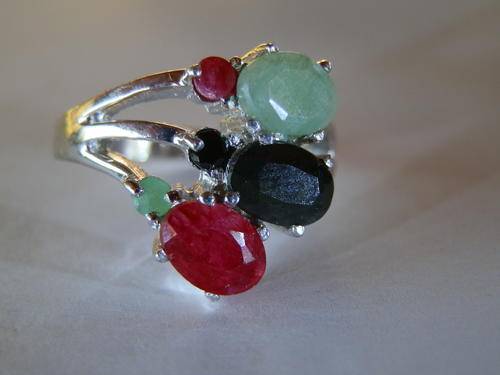 New solid sterling silver natural ruby, emeral and sapphire ring - two (2) weeks to pay