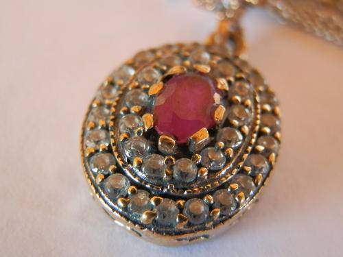 New solid sterling silver natural ruby and white topaz pendant and chain - two (2) weeks to pay