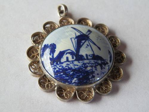 Antique silver Delft porcelain filigree pendant - two (2) weeks to pay