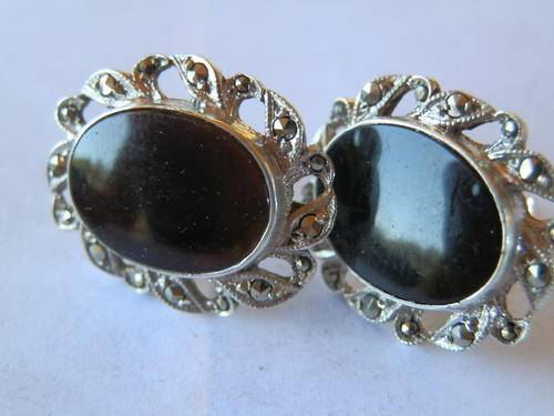 Antique silver onyx and marcasite earrings - thirty (30) days to pay